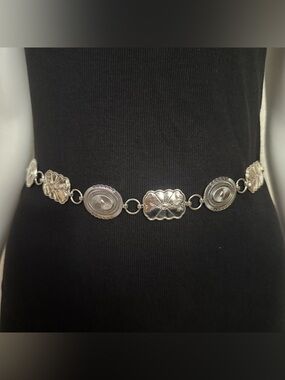 Old silver tone metallic concho style skinny chain belt